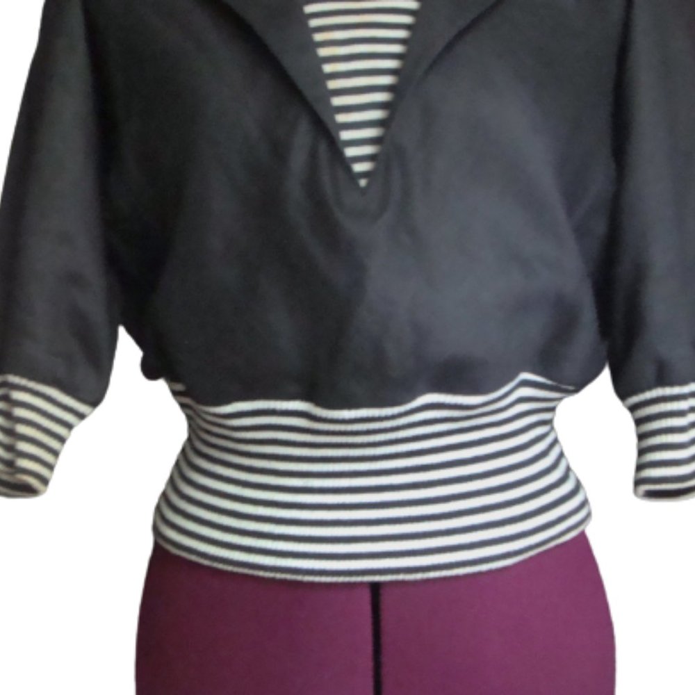 80s Structured Sailor Crisp Black Linen Balloon Sleeve Top - Picture 3 of 16
